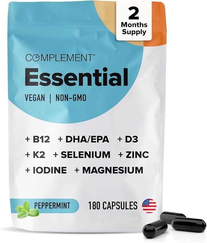 Complement Essential Vegan Multivitamin for Men &amp Women (60 Servings 180 Capsules) with Omega-3 DHA &amp EPA B12 Vitamin D3 &amp K2 Zinc Selenium Magnesium Iodine - Supports Immunity &amp