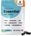 Complement Essential Vegan Multivitamin for Men &amp Women (60 Servings 180 Capsules) with Omega-3 DHA &amp EPA B12 Vitamin D3 &amp K2 Zinc Selenium Magnesium Iodine - Supports Immunity &amp