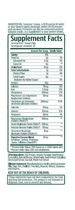 Protolyte Natural Plant Protein by VMI Sports with Electrolytes and Enzymes | Zero Sugar – Zero Dairy – Gluten Free | 20 G Protein + 10.5 G of EAAs (25 serving Vanilla Cake Batter)