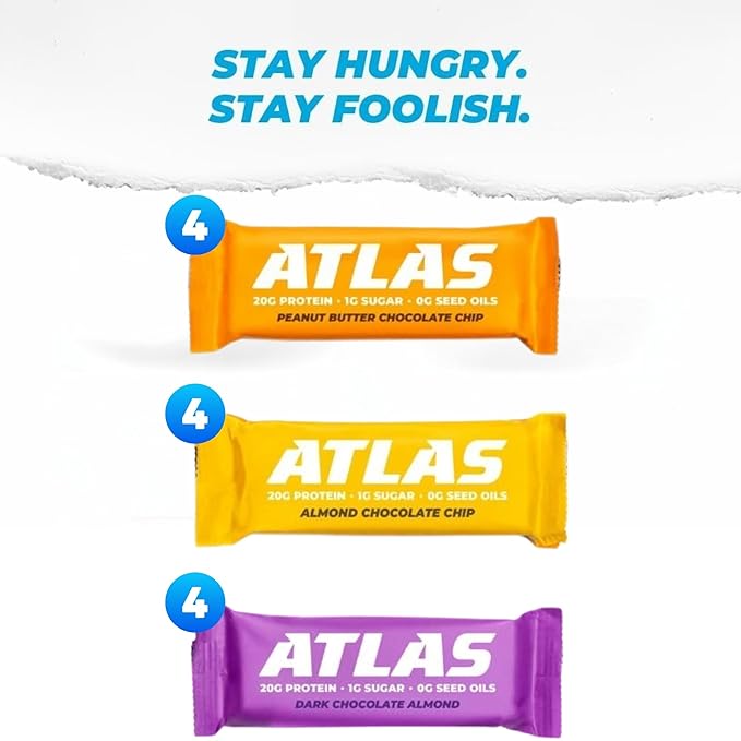 Atlas Bar – 20g Protein 1g Sugar 0g Seed Oils 0g Sugar Alcohols (Variety Pack 12 Count) (24 Count Variet)