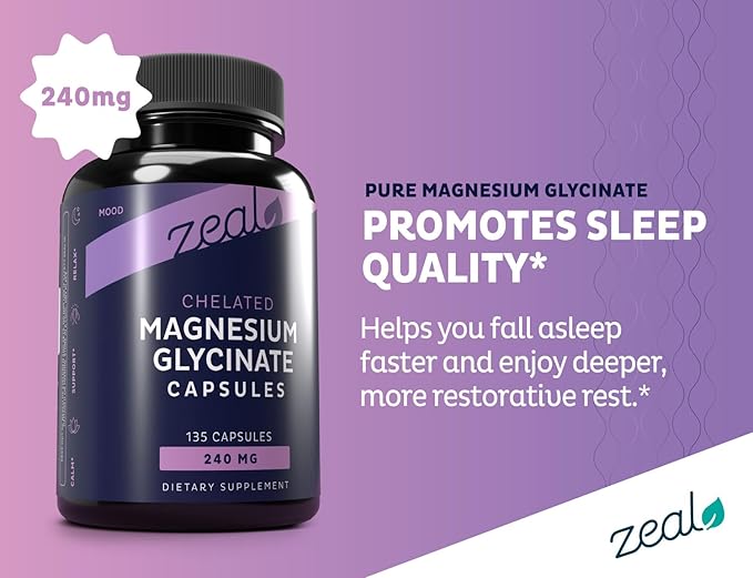Zeal Naturals Chelated Magnesium Glycinate Supplement - 240mg 135 Capsules | Magnesium for Sleep Muscle Recovery &amp Relaxation | Non-GMO
