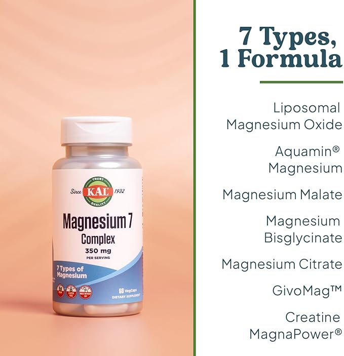 KAL Magnesium Complex 7 - Total Complex with Magnesium Glycinate Citrate Malate and More - Relaxation and Whole Body Support Supplements - Vegan 60-Day Guarantee - 30 Servings - 60 VegCaps