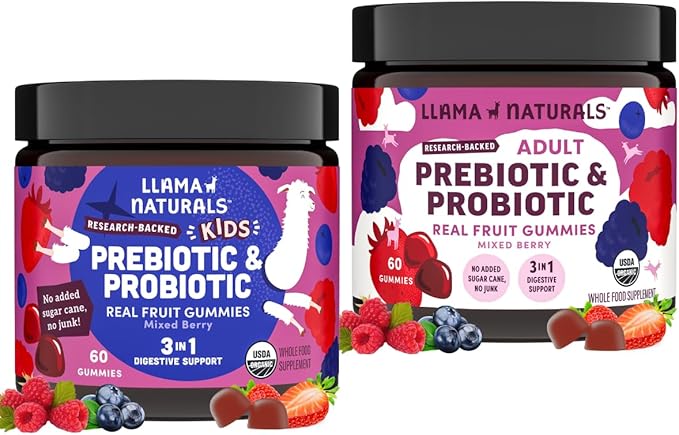 Llama Naturals Kids Pre &amp Probiotic Gummies + Adult Pre &amp Probiotics Bundle | No Added Sugar Cane | Vegan | Organic | Mixed Berry Flavor | 2 Bottles