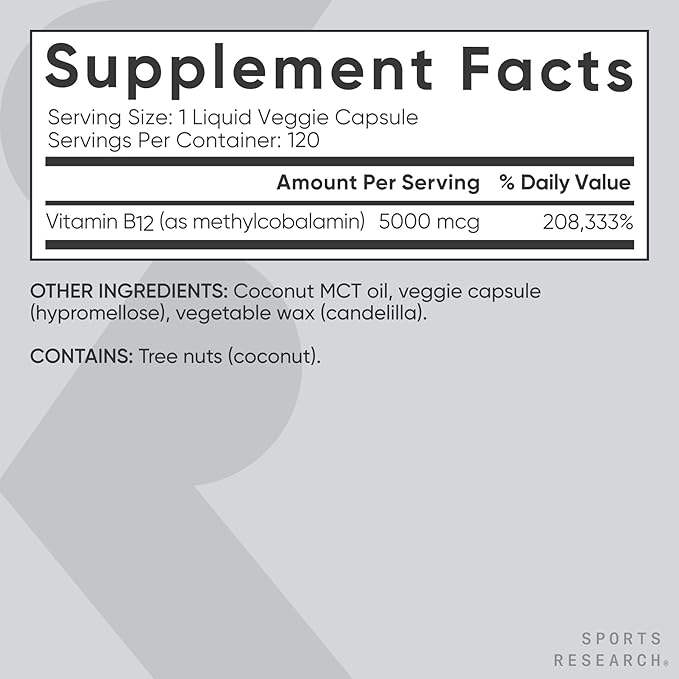 Sports Research® Vitamin B12 as Methylcobalamin 5000mcg - High Potency Vegan B12 w/Coconut MCT Oil for Energy Metabolism Support - Vegan Certified · Non-GMO · Gluten Free - 120 Liquid Caps