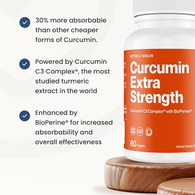 Better Way Health™ Turmeric Curcumin C3 Complex - 1000mg Curcumin C3® with BioPerine® – High Absorption Joint Support – 60 Caplets