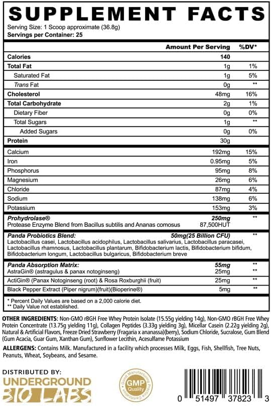 Underground Bio Labs Panda Fuel Premium Protein WheyHydrolyzed CollagenCaseinProbiotics Enzymes Keto FriendlyTime Release 25 Servings (2.5 Pound Strawberries &amp Cream)