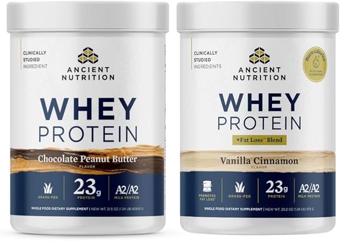 Ancient Nutrition Grass-fed Whey +Fat Loss Protein Powder Vanilla Cinnamon 18 Servings + Grass-fed Whey Protein Powder Chocolate Peanut Butter 18 Servings