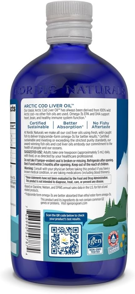 Nordic Naturals Arctic Cod Liver Oil Orange - 16 oz - 1060 mg Total Omega-3s with EPA &amp DHA - Heart &amp Brain Health Healthy Immunity Overall Wellness - Non-GMO - 96 Servings