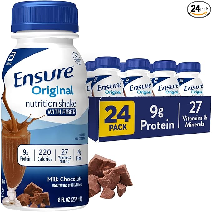Ensure Original Milk Chocolate Nutrition Shake With Fiber | Small Meal Replacement Shake | Ready to Drink | 9g Protein 27 Vitamins and Minerals | 8 fl oz - 24 Pack