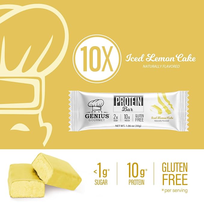 Genius Gourmet Protein Bar Iced Lemon Cake Keto Snack Low Carb Low Sugar &amp Gluten Free Protein Snacks for Adults 10G of Whey Protein per Protein Bar 5 Net Carbs 10 Count