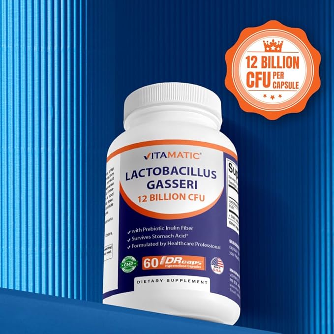 Vitamatic Lactobacillus Gasseri - 12 Billion per DR Capsule - 60 Count - Digestive Support - Made with Prebiotic Inulin Fiber- 2 Pack