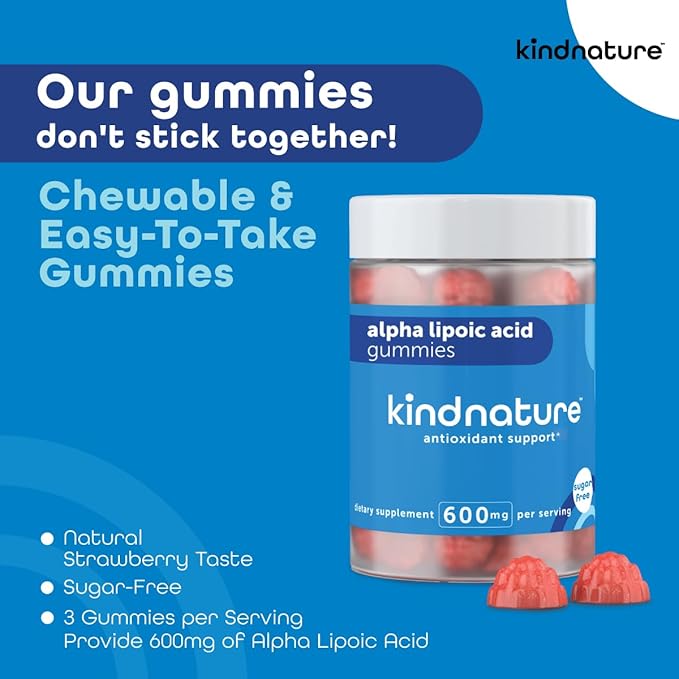 kindnature Alpha Lipoic Acid Gummies 600mg - Neuropathy Supplements - Vegan Sugar-Free Low Calorie 600 mg ALA Supplement - Pure ALA Alpha Lipoic Acid for Antioxidant Nutritional Supplements