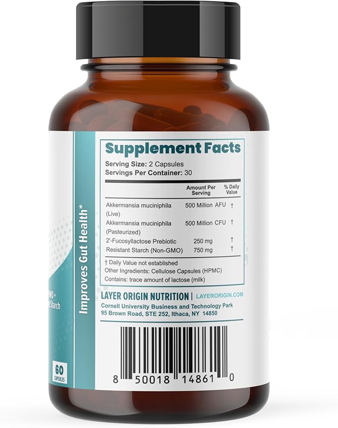 Akkermansia muciniphila Probiotic with Both Live + Pasteurized Akkermansia and PureHMO Prebiotic Validated Strain Advanced 4-in-1 Formula