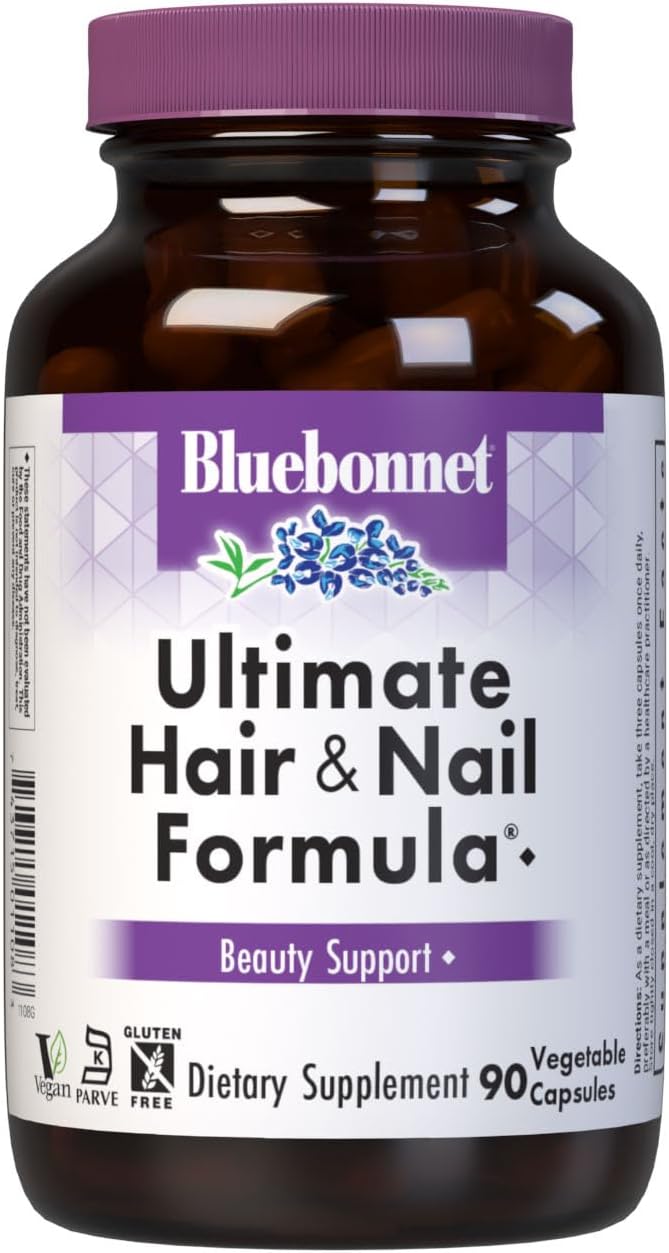 BlueBonnet Nutrition Ultimate Hair and Nail Formula Vitamins Minerals Specialty Nutrients for Beauty Within Gluten-Free Kosher-Certified Dairy-Free Vegan 90 Vegetable Capsules 30 Servings Wh