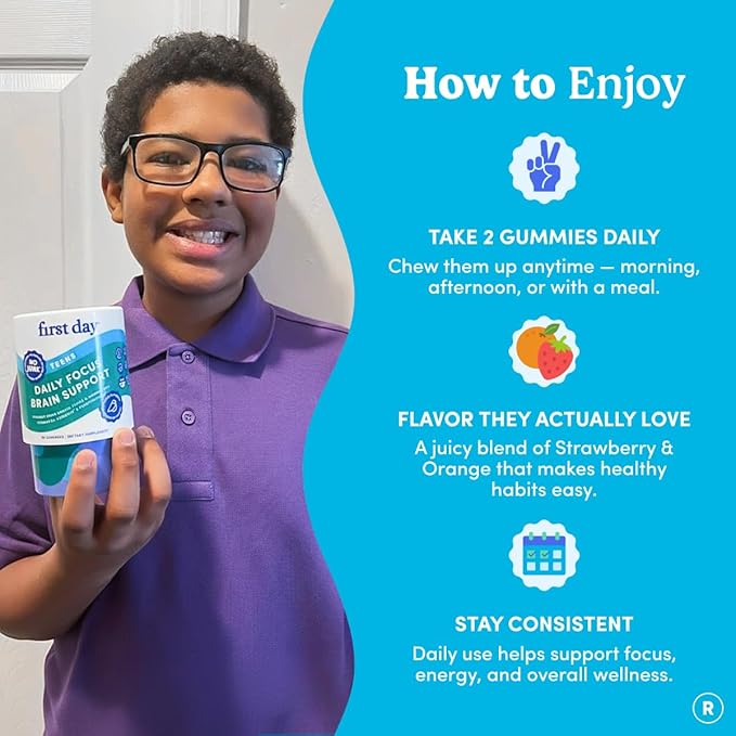 FIRST DAY Teen Brain &amp Focus Supplement Gummies Ages 13–18 | Study &amp Concentration Support with Cognizin® Citicoline &amp Phosphatidylserine | Vegan Non-GMO Caffeine-Free | 30-Day Supply