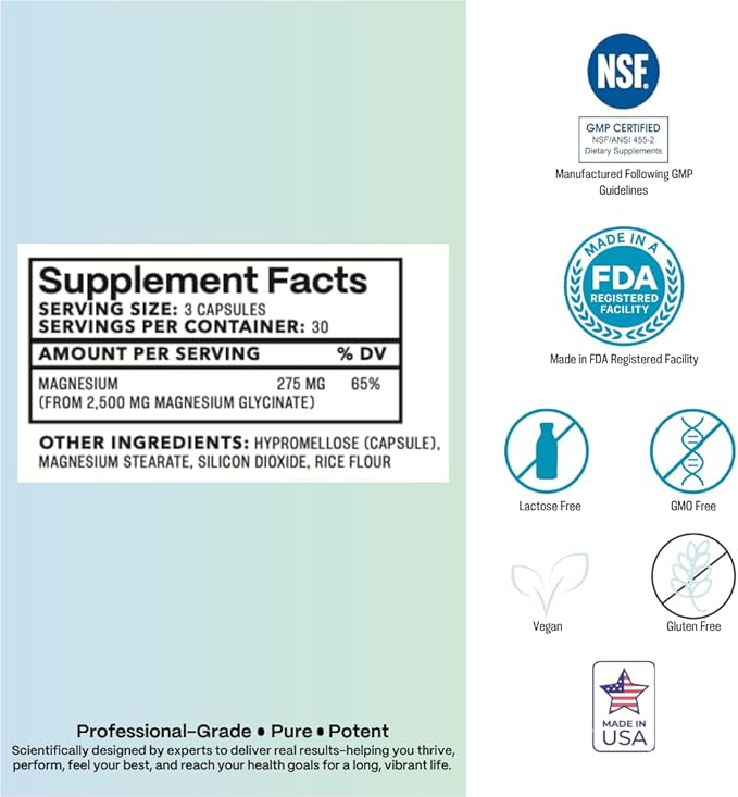 Pure Magnesium GLYCINATE - High Absorption Chelated Magnesium for Relaxation Mood Muscle &amp Sleep Support* - Potent 275 mg - Vegan Gluten Free 90 Capsules
