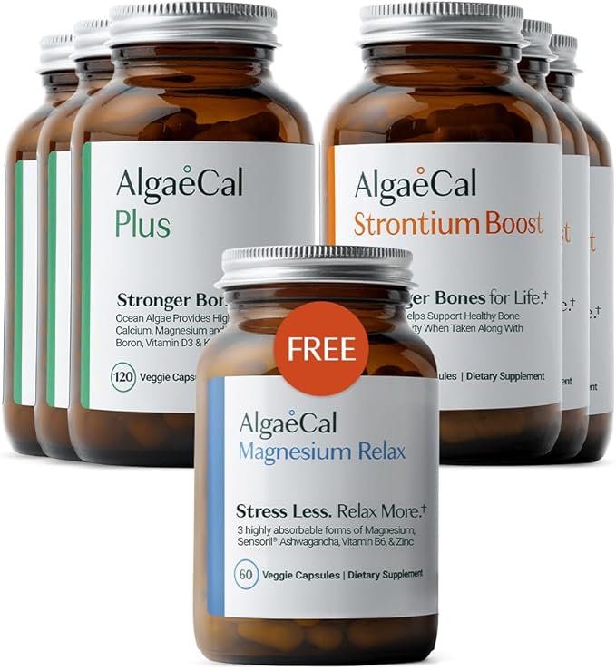 ALGAECAL - Bone Builder Pack for Bone Density Plant Based Calcium Supplements &amp Strontium Vitamins K2 D3 Magnesium &amp 16 Minerals 3-Month Supply + Free Magnesium Relax™ (60 Caps)