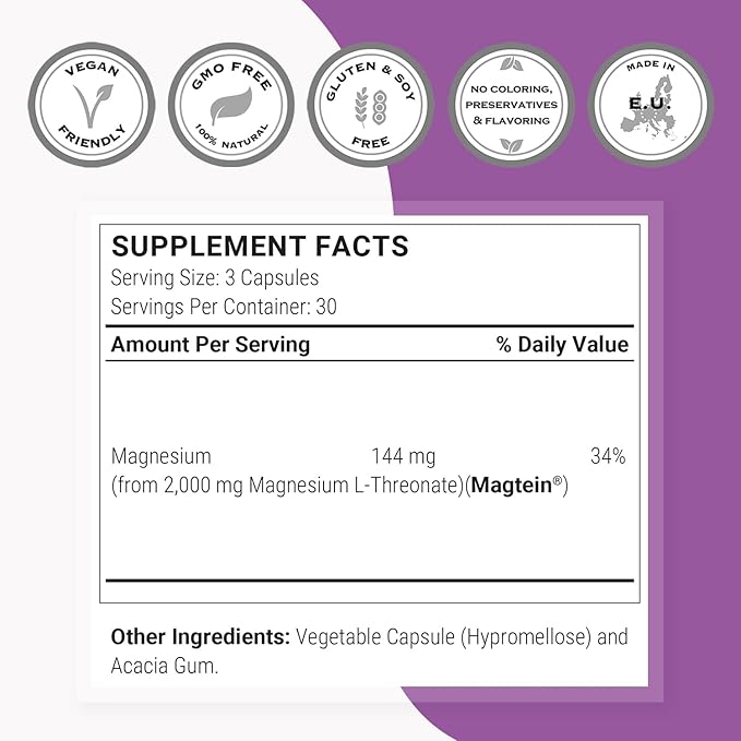 SuperSmart Magnesium L-Threonate 2000mg per Day (Patented Magtein) - Highly Bioavailable Magnesium Threonate - Brain Supplement | Non-GMO &amp Gluten Free - 120 Vegetarian Capsules