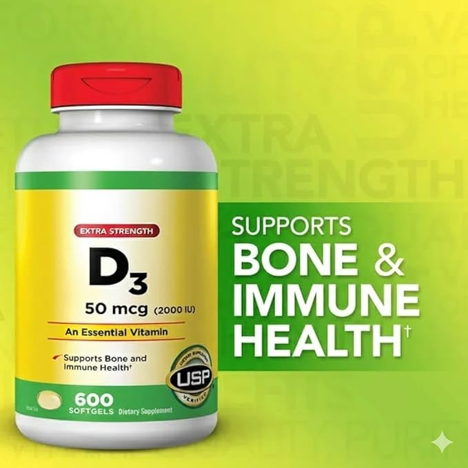 Extra Strength Vitamin D3 2000 I.U. 600 Softgels Bottle Supports Bone and Immune Health (The Sunshine Vitamin)