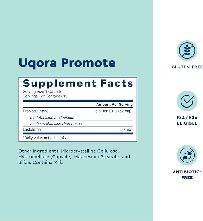 Uqora Promote - Support Vaginal Health* - Probiotic for Women with Lactoferrin Lactobacillus Acidophilus &amp Lacticaseibacillus Rhamnosus - Vaginal Probiotics - Gluten-Free - 30 Capsules (2 Pack)
