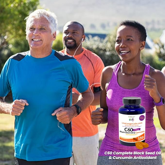 C60 Complete - Carbon 60 (Fullerene) with Black Seed Oil &amp Curcumin - Antioxidant Supplement - for Longevity &amp Cognitive Function - All Natural - 150 Gel Capsules