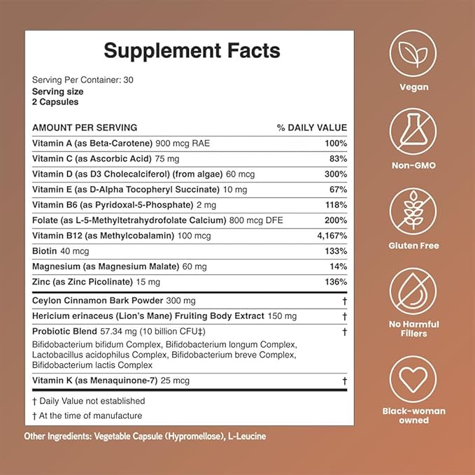Mela Daily Essentials Multivitamin for Melanated Women - High-Dose Vitamin D3 and B12 Probiotics Lion's Mane Ceylon Cinnamon - Vegan Gluten Free Non-GMO 30 Day Supply (60 Capsules)
