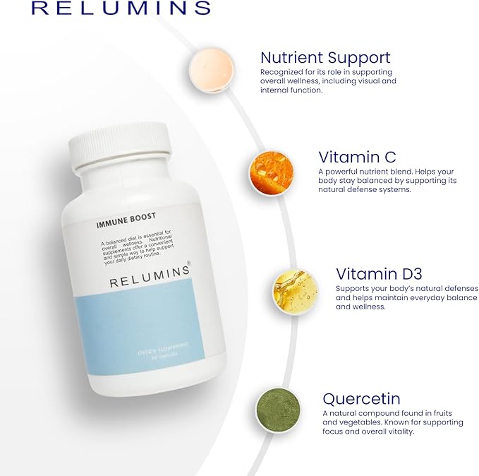 Relumins Immune Boost – Daily Wellness Blend with Vitamin C D3 Zinc Selenium &amp Natural Extracts Including Quercetin &amp Turmeric – 60 Capsules
