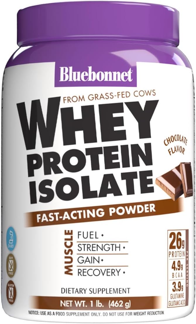 Bluebonnet Nutrition Whey Protein Isolate Powder Whey From Grass Fed Cows 26g of Protein No Sugar Added Gluten Free Soy free kosher Dairy 1 Lb 14 Servings Chocolate Flavor