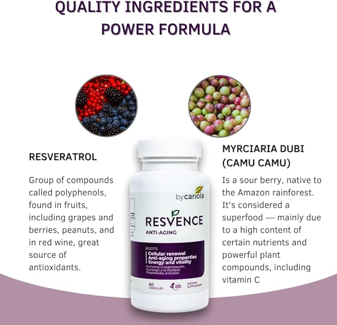 Resvence Resveratrol Supplement Capsules - Antioxidant - Boost Immune System - Energy &amp Vitality - Cellular Renewal - Supports General Wellbeing - Resveratrol - Camu Camu - 60 Caps