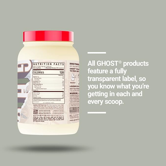 GHOST Vegan Protein Powder Peanut Butter Cereal Milk - 2LB Tub 21G of Protein - Plant-Based Pea Organic Pumpkin &amp Watermelon Seed Protein Blend - ­Flavored Post Workout Shakes - Soy &amp Glute