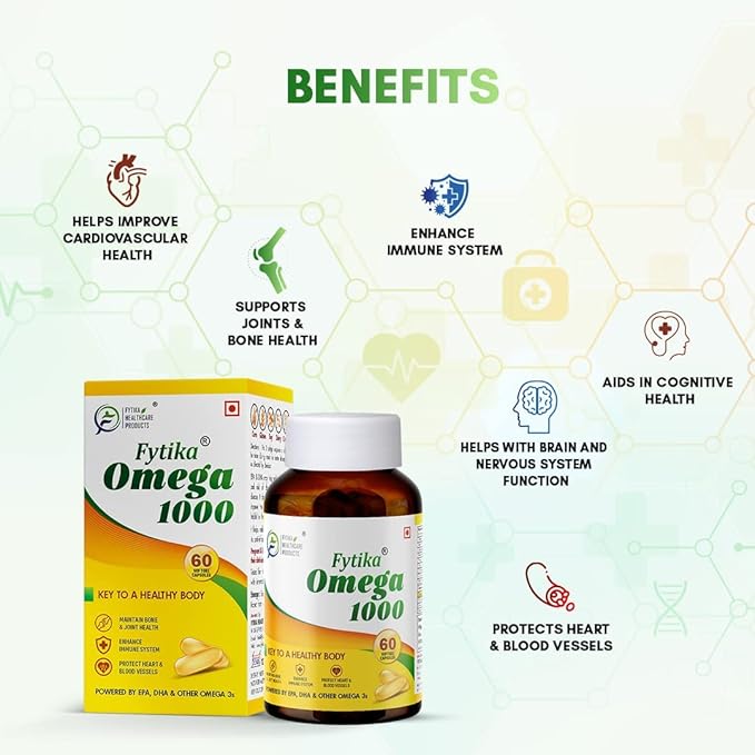 Omega 3 Fish Oil 1000mg 60 Capsules for Heart Eye Skin Brain Joint &amp Muscle Support | Omega 3 1000mg Fatty Acid Capsule enriched with EPA 360mg+DHA 240mg &amp Omega Fatty Acids 400mg