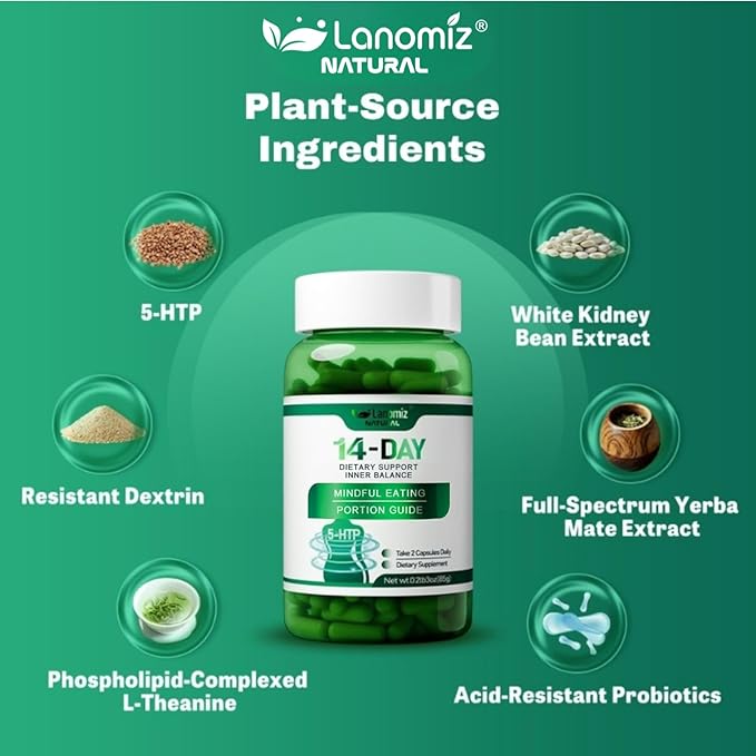 Gut Health Blend Supplement with Sustained-Release Probiotics Natural GLP-1Alternative White Kidney Bean Extract 5-HTP 60 Capsules Vegan Gluten-Free Dietary Perfect