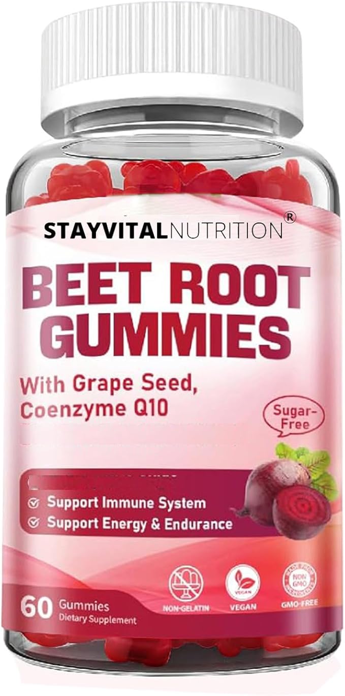 Beet Root Gummies with CoQ10 &amp Vitamin B12 – Vegan Non-GMO Gluten-Free Fruit Supplement for Daily Plant-Based Nutrition