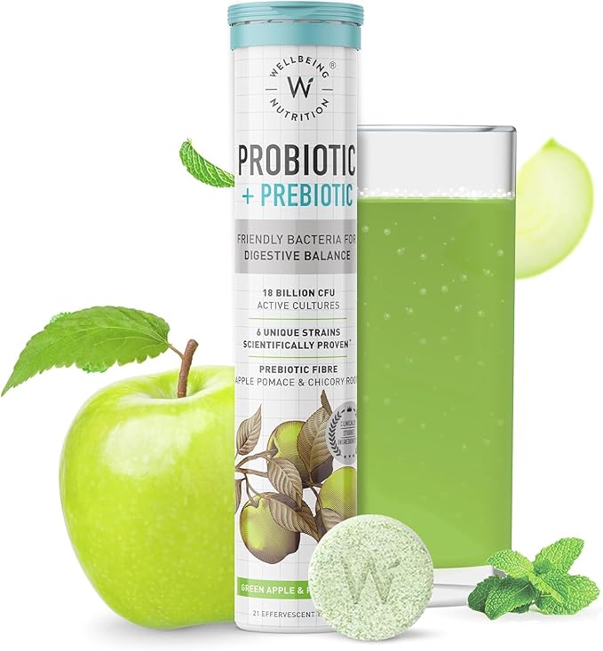 Wellbeing Nutrition Daily Probiotics + Prebiotics | Improve Metabolism Acidity Relief Digestion &amp Gut Health | 18 Billion CFU Organic Probiotics Supplement for Men &amp Women (21 Effervescent T