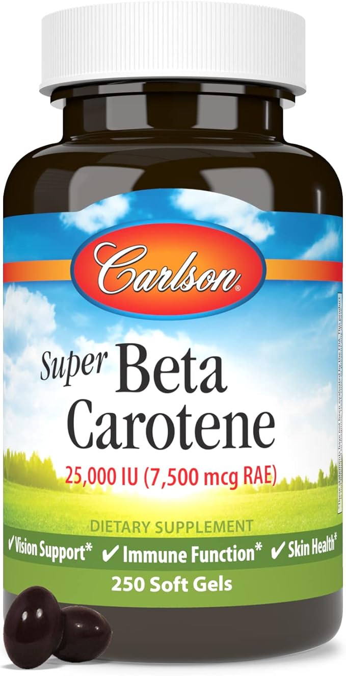 Carlson - Super Beta Carotene 25000 IU (15 mg) Vitamin A as Beta Carotene Bioavailable and Bioactive Form Vision Health Healthy Skin 250 Softgels