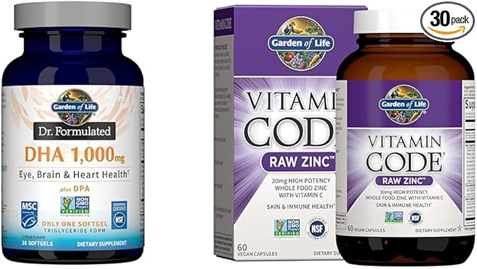 Garden of Life 1000mg DHA Fish Oil + 30mg Zinc Supplements for Eye Brain Heart Immune &amp Skin Health 30 Count