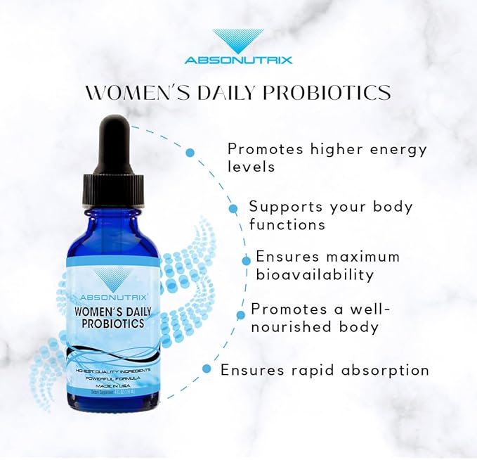 Absonutrix Women’s Daily Probiotics 390 mg 4 Oz Liquid 302 Servings Made in USA Quick Absorption Quality Potent Ingredients Non-GMO GMP Certified Facility Cruelty-Free Products