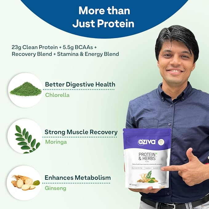 OZIVA Protein &amp Herbs for Men Banana Caramel Protein Powder for Men for Muscle Building Recovery and Better Stamina (with 23G Whey Protein + 15 Multivitamin for Men) Certified Clean 1Kg