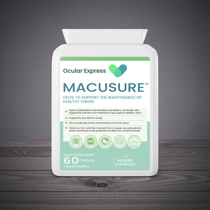 Macusure Vision Support Supplement 60 Capsules Lutein and Zeaxanthin with Bilberry and Pine Bark 1 Month Supply