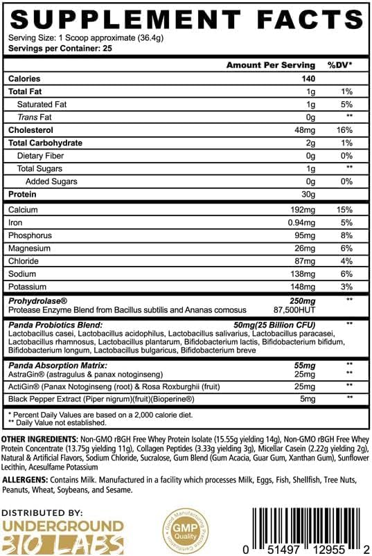 Underground Bio Labs Panda Fuel Premium Protein WheyHydrolyzed CollagenCaseinProbiotics Enzymes Keto FriendlyTime Release 25 Servings (2.5 Pound Vanilla Ice Cream)