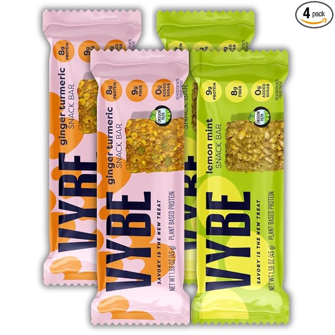 Vybe Snacks Savory Snack Bars – Ginger Garlic &amp Lemon Mint (2 of each) Crunchy &amp Delicious | Zero-Added Sugar Gluten-Free Plant-Based Goodness Keto-Friendly No Artificial Ingredients (Pack