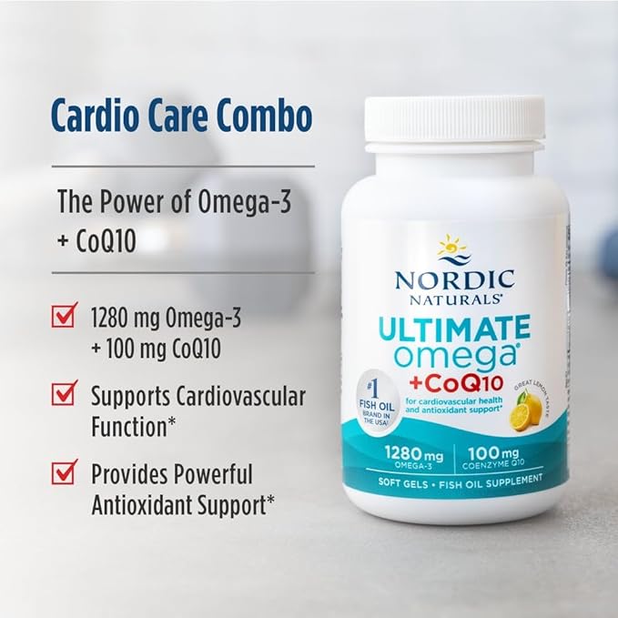 Nordic Naturals Ultimate Omega + CoQ10 Lemon - 60 Soft Gels - 1280 mg Omega-3 + 100 mg CoQ10 - Heart Health Cellular Energy Antioxidant Support - Non-GMO - 30 Servings