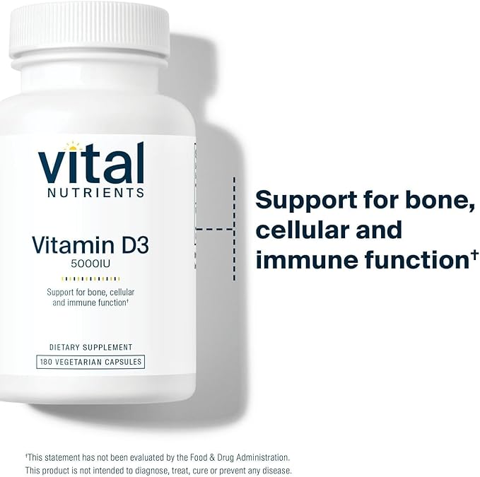 Vital Nutrients Vitamin D 5000 IU - Vitamin D3 Supplement - Healthy Bones Teeth Muscles*- Cellular &amp Immune Function - Calcium Absorption - Gluten Dairy and Soy Free - 180 Capsules