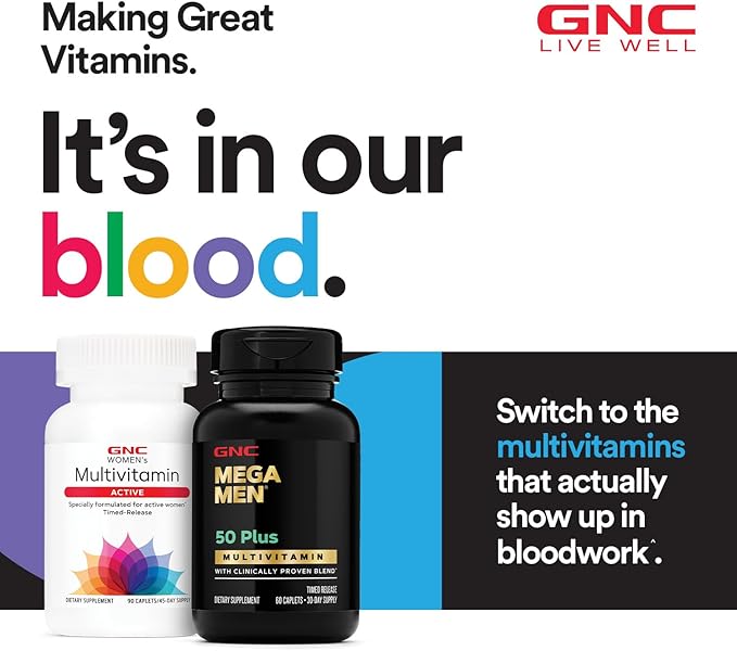 GNC Mega Men 50 Plus Multivitamin Caplets Clinically Proven Heart &amp Prostate Health B Vitamins Saw Palmetto Memory Vitamin D-3 60 Count