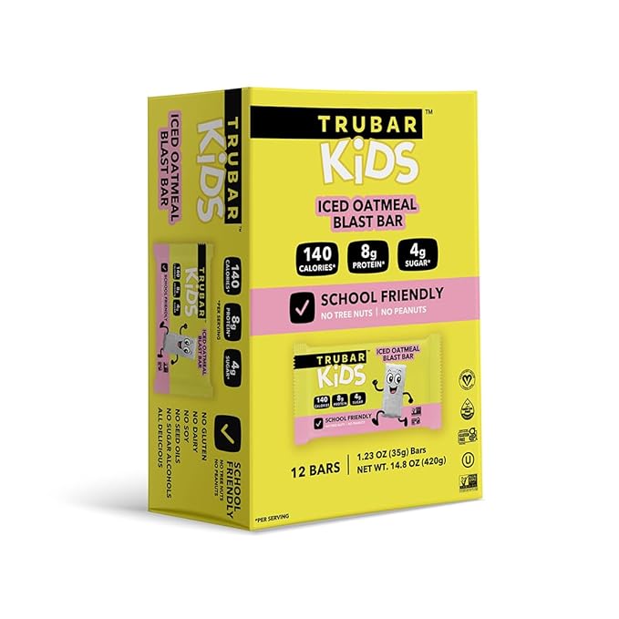 TRUBAR Kids Protein Bars Iced Oatmeal Blast Plant Based Protein Gluten Free School-Friendly Snacks for Lunchboxes Tree Nut and Peanut Free Low Sugar Healthy On the Go Snack Bars 12 Count