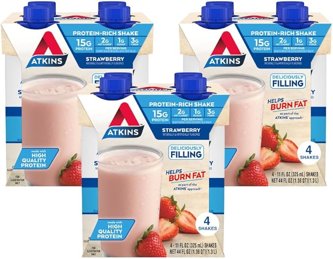 Atkins Vanilla Cream Meal Size Protein Shake 23g Protein &amp Strawberry Protein Shake 15g Protein Low Glycemic 2g Net Carb 1g Sugar Keto Friendly 12 Count