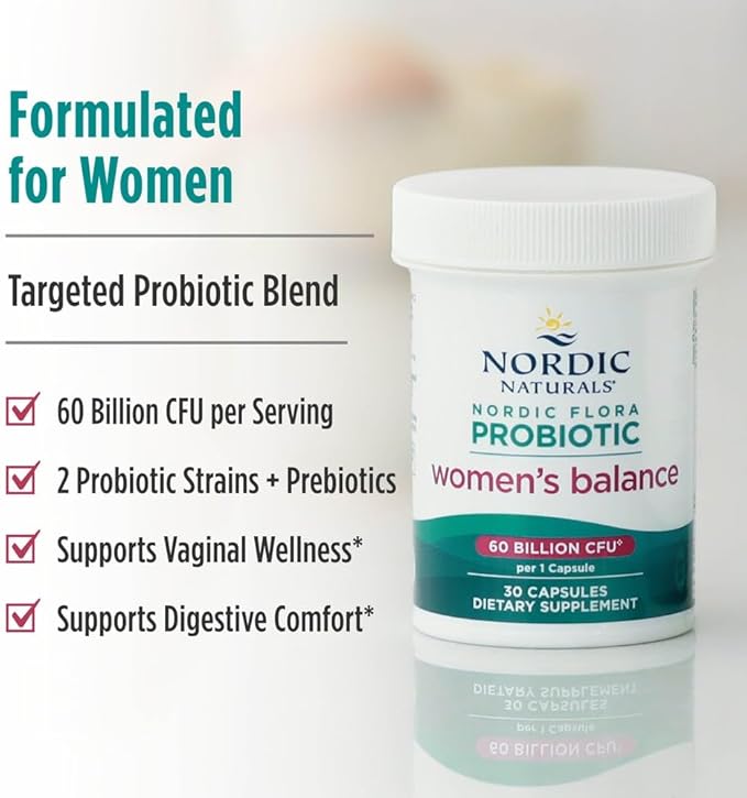 Nordic Naturals Nordic Flora Probiotic Women's Balance - 30 Capsules - 12 Probiotic Strains with 60 Billion Cultures - Intestinal Support Vaginal Health - Vegan - 30 Servings