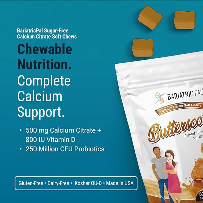 BariatricPal Sugar-Free Calcium Citrate Soft Chews | 500mg with Vitamin D &amp Probiotics | Butterscotch | 90 Count (1 Month Supply)
