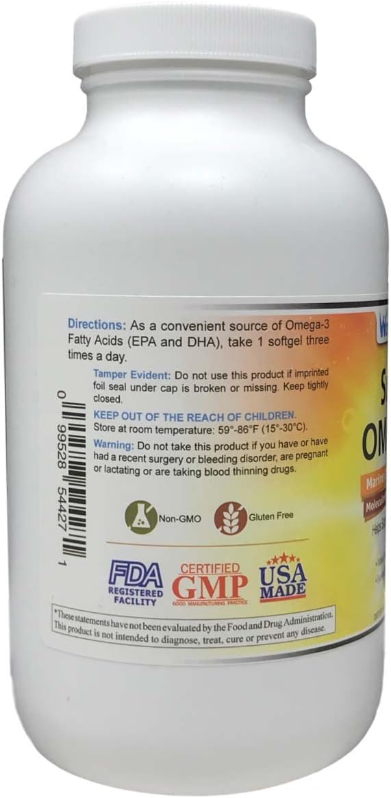 Super Omega-3 Marine Lipid Concentrate - Molecularly Distilled | Pharmaceutical Grade | Contains: EPA 265mg DHA 170mg - 270 Softgels