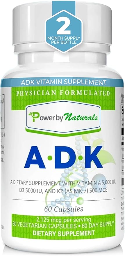 Power By Naturals ADK Vitamin Supplement – High Potency Blend of Vitamin A D3 5000 IU &amp K2 MK7 for Bone Health – Vitamin A D K Supplement – 60 Capsules (2 Month Supply)